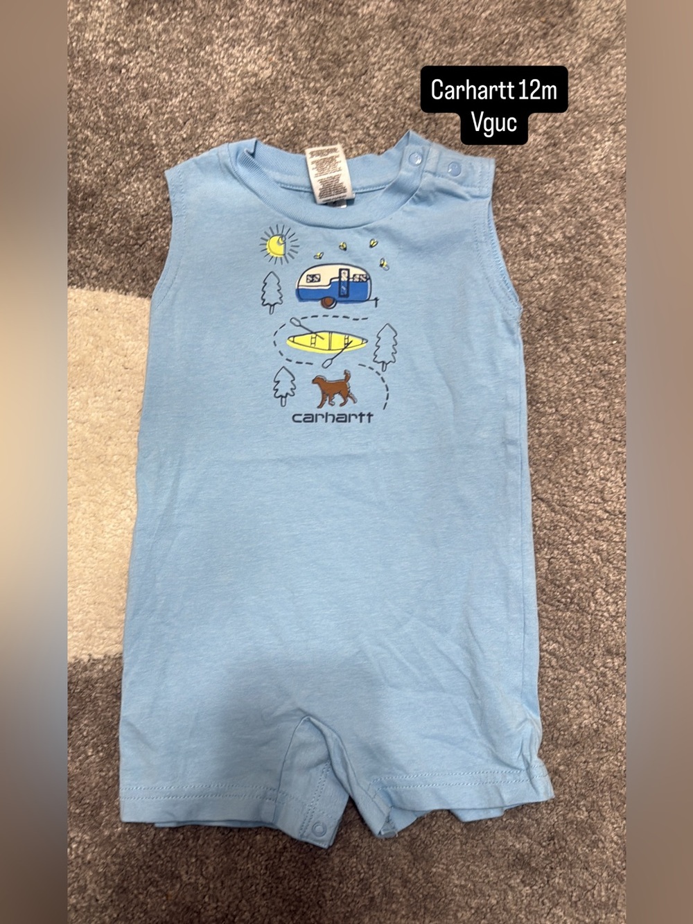 Carhartt Light Blue Infant Romper with Camper & Kayak Graphic